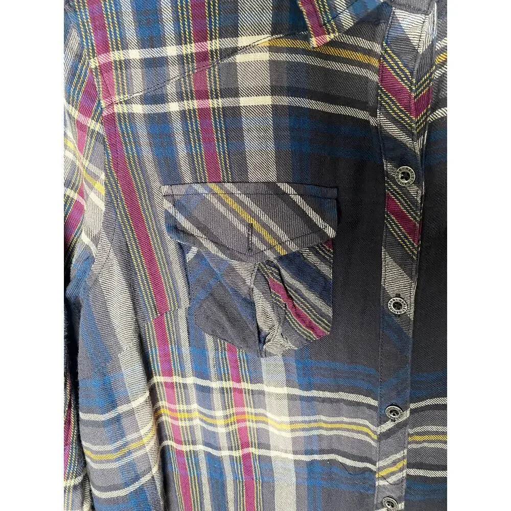 Harley Davidson Womens Blue Plaid Cotton Gauzy Long Sleeve Button Up Shirt Biker
